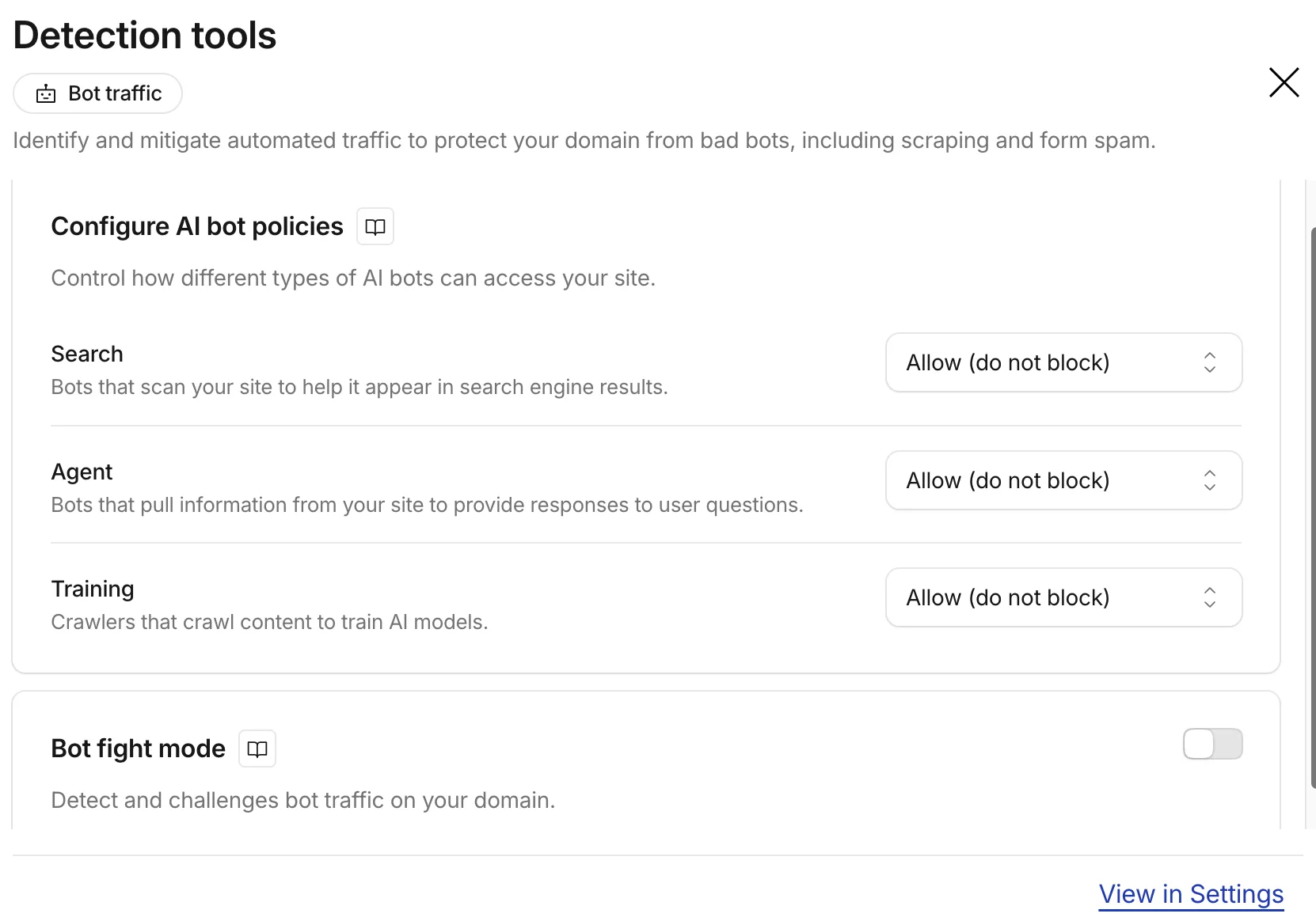 Cloudflare AI bot policies：Search、Agent、Training 三組都是 Allow