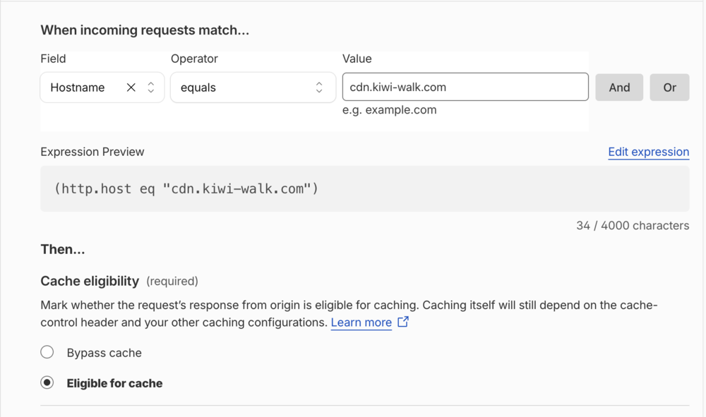 Cache Rule 編輯畫面：Hostname equals cdn.kiwi-walk.com，Cache eligibility 選 Eligible for cache