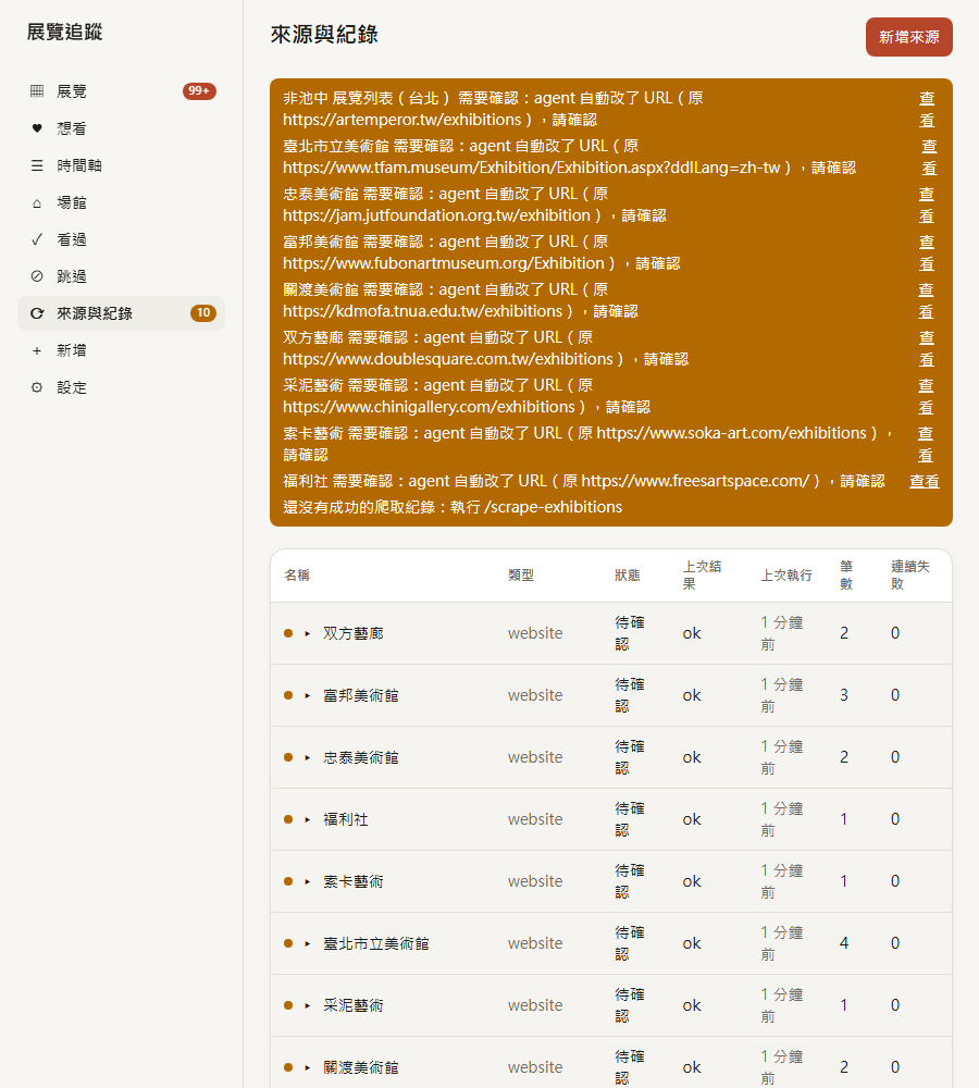 來源頁:第一次抓取後,九個來源的網址被 agent 換掉,等我確認