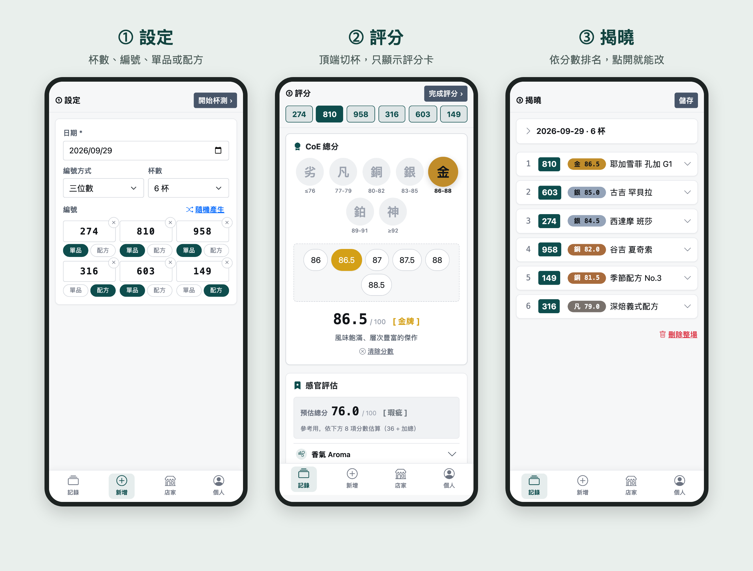 杯測表單的設定、評分、揭曉三個階段在手機上並排