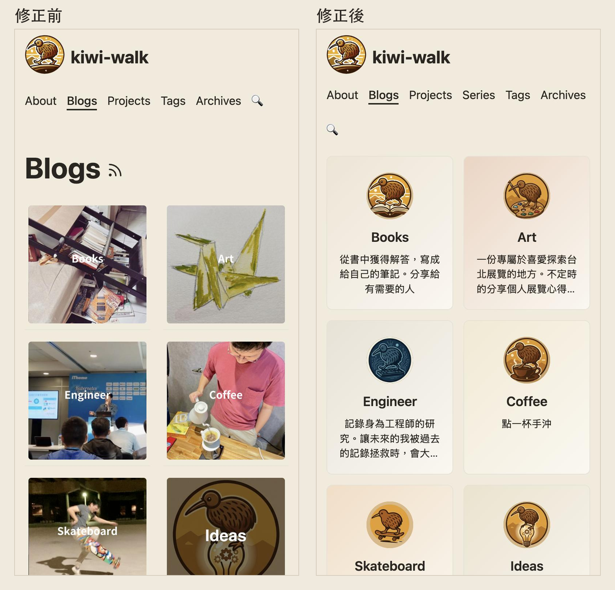 /blogs 分類頁改版前後對照：左邊是文字燒在圖片裡的 markdown 圖片表格，右邊是從設定檔產生、文字可選取的 HTML 磁貼