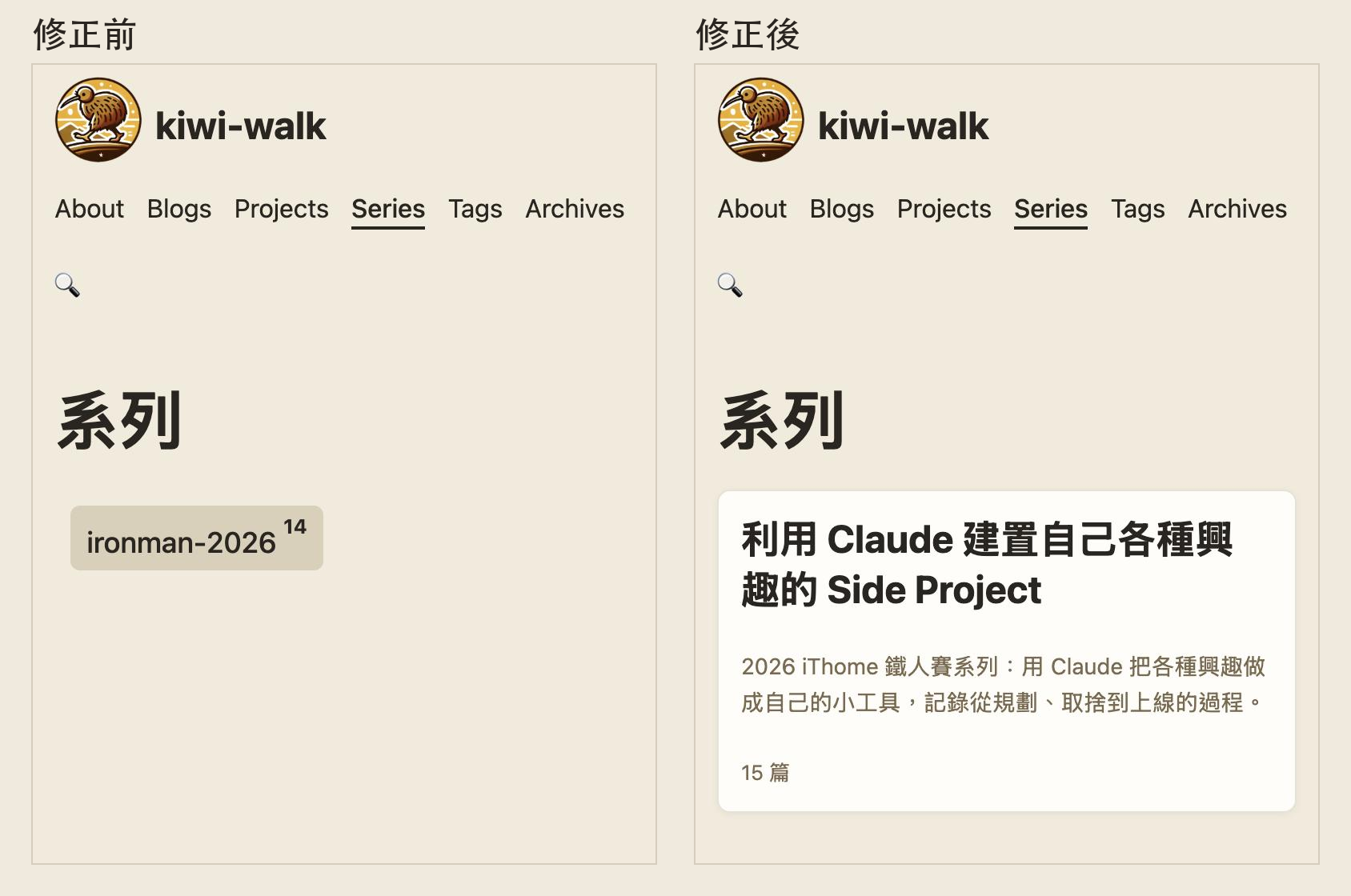/series/ 總覽前後對照：原本只顯示 ironman-2026 代號，改成顯示「利用 Claude 建置自己各種興趣的 Side Project」、簡介與篇數的卡片