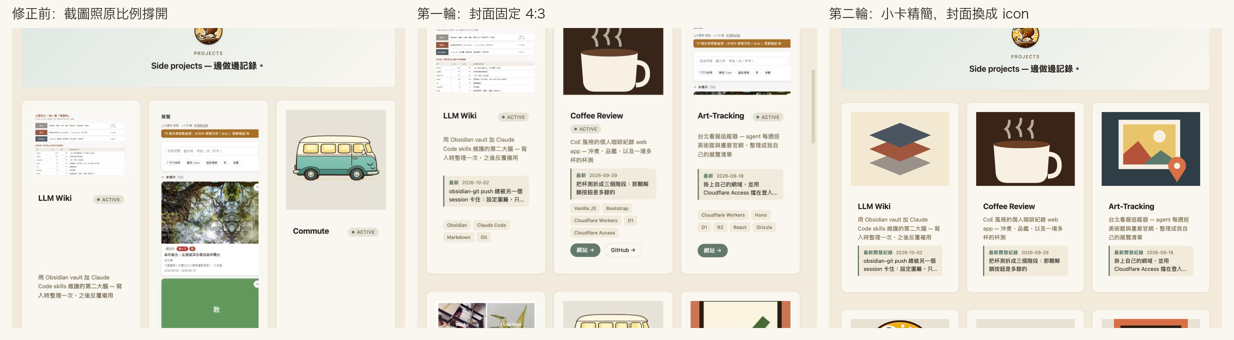 /projects/ 卡片三個階段對照：修正前 Art-Tracking 的直式截圖照原比例撐開，整列卡片被拉長；第一輪每張封面固定成 4:3；第二輪小卡只剩封面、標題、描述與最新開發紀錄，封面換成 icon