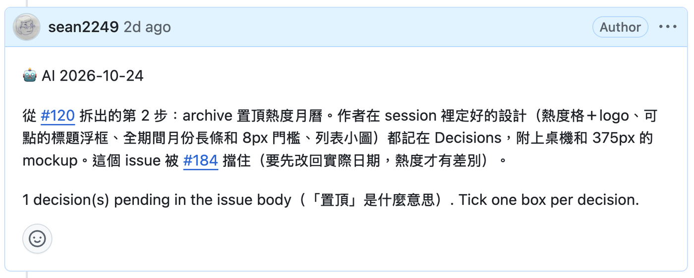 AI 的留言以「🤖 AI 日期」開頭，說明這次補了什麼，以及本文還有幾題待決事項