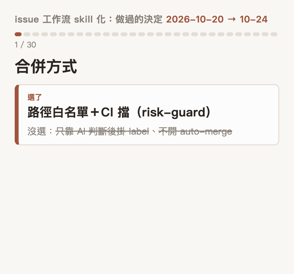依序做過的 30 個決定（→ 是後來改成）：1 合併方式：路徑白名單＋risk-guard，沒選只靠 AI 判斷、不開 auto-merge；2 私人 repo 合併：原生 auto-merge → session 等 CI 全綠自己合併；3 skill 更新：plugin marketplace，plugin.json 不寫 version；4 workflow 版本：@main → 釘 tag @v1；5 名稱：sean-skills → kiwi-skills；6 其他 GitHub 功能：sub-issues＋blocked-by、預設 label 全刪，沒選 Project 看板；7 文章交棒：session 用 gh 開 issue，沒選 Action＋PAT、先寫 llm-wiki；8 寫文章的 skill：daily-devlog、daily-wiki-post → article-request／article-write；9 文章類型：兩種 → 四種 → AI 建議類型；10 文章 label：article＋article: → article-status:／article-type: → article-status:／post-type:；11 AI 段：本文上下分段＋AI 留言，沒選全用留言、bot 帳號；12 補條件／說服標籤：加入 → 拿掉；13 決策在哪回答：issue 本文勾選框；14 Grill：每張都跑 → 選用；15 分級 L0：不做；16 平行處理：交接只靠 issue，沒選派工 skill；17 哪些在等我：一行 gh search；18 寫完先在編輯器編修、從編修學 voice；19 article-write → post-write；20 PR 審查：issue-implement 自己跑 code-review＋security-review，沒選另寫 skill、GitHub Action；21 審查第 3 輪：交給作者 → 全修不再送審 → 只有 low 全修、medium 以上退回；22 mockup 畫實際文字，沒選先開 draft PR；23 post-write 先留在 skills repo；24 voice 檔：單檔 → 分檔＋大小上限；25 計畫查核：每張一輪、AI 直接修；26 公開 repo：只信 owner、deny 規則、假資料截圖，沒選 PreToolUse hook；27 導入順序：coffee-review → 部落格 → vault → skills → 其他；28 vault 合併：只合 risk: low，沒選全部由我按、白名單留空；29 skills repo：不以此為對象 → 也加上 workflow；30 hook 的 PR：拆開 → 一張 PR