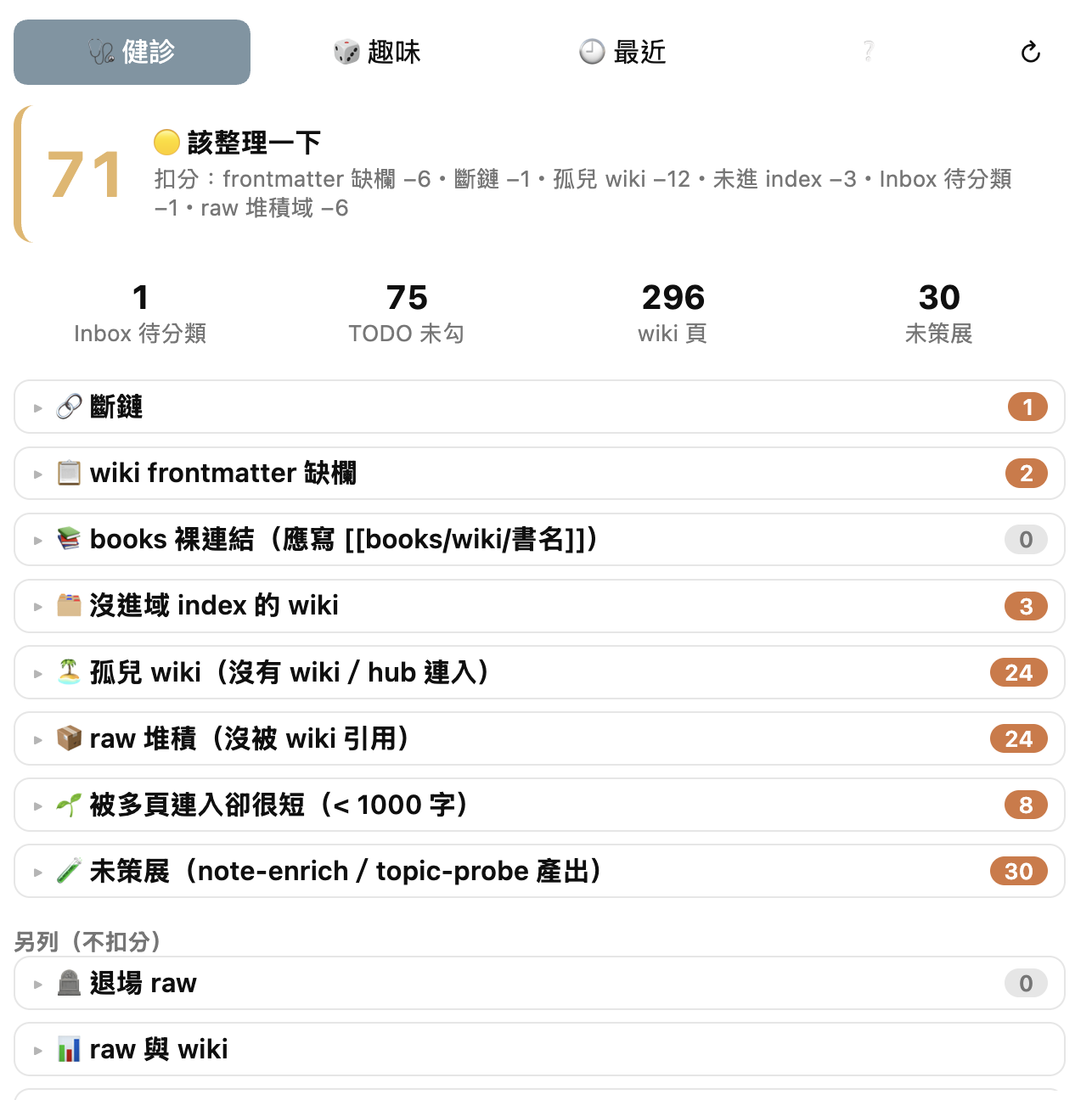 obsidian navi 的健診頁：健康分數 71，扣分項目與可收合的問題清單，下方是新增的「另列（不扣分）」區，列出退場 raw 與 raw 與 wiki