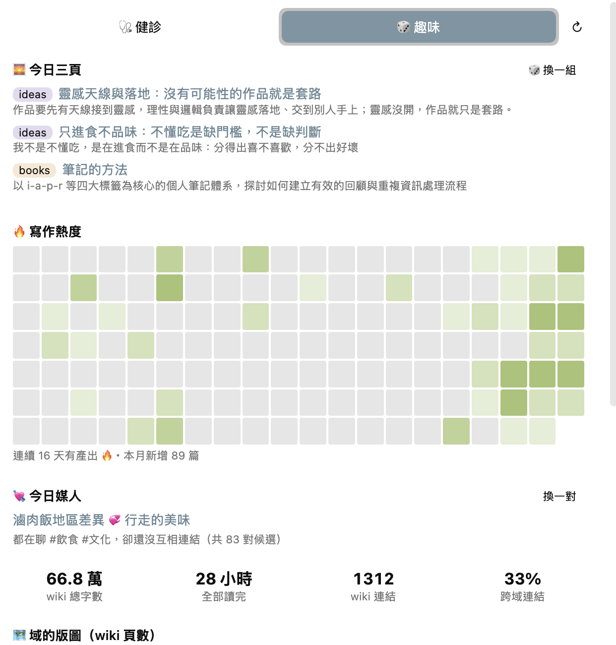 趣味頁：今日三頁、寫作熱度格子、今日媒人與四格統計