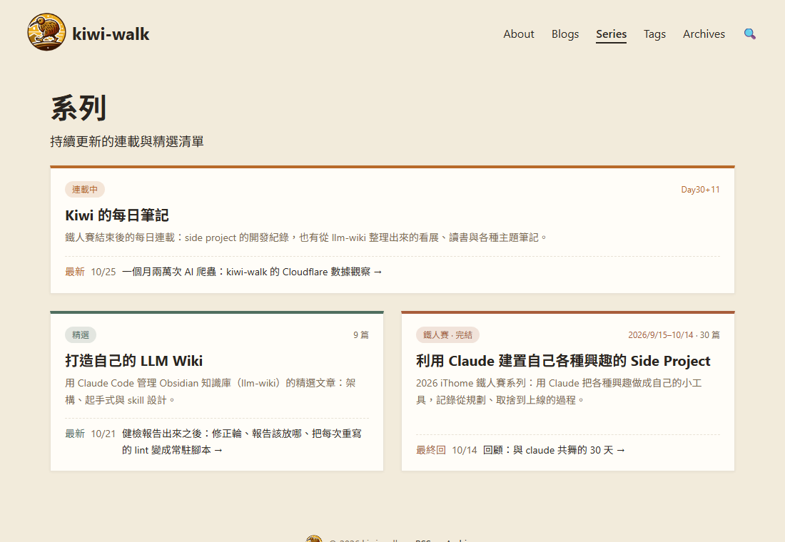改版後的系列頁:Kiwi 的每日筆記橫跨兩欄,下方 LLM Wiki 與鐵人賽並排