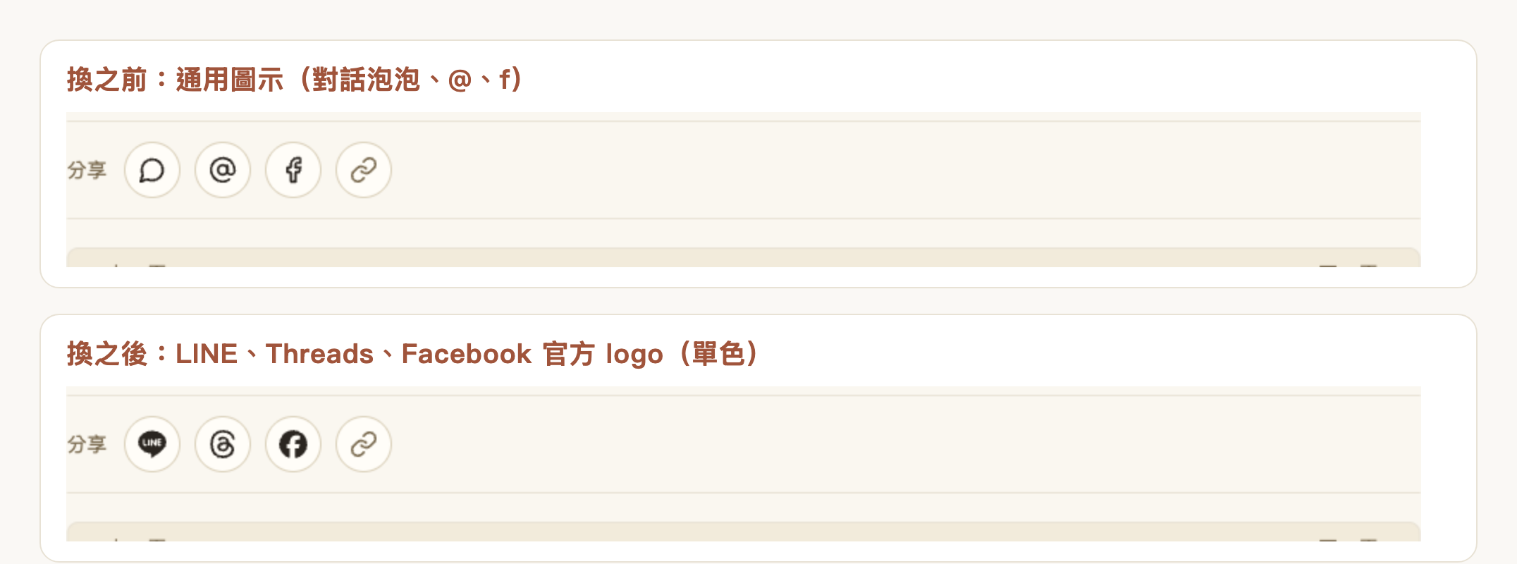 換之前：對話泡泡、@、f 三個通用圖示；換之後：LINE、Threads、Facebook 官方 logo，單色