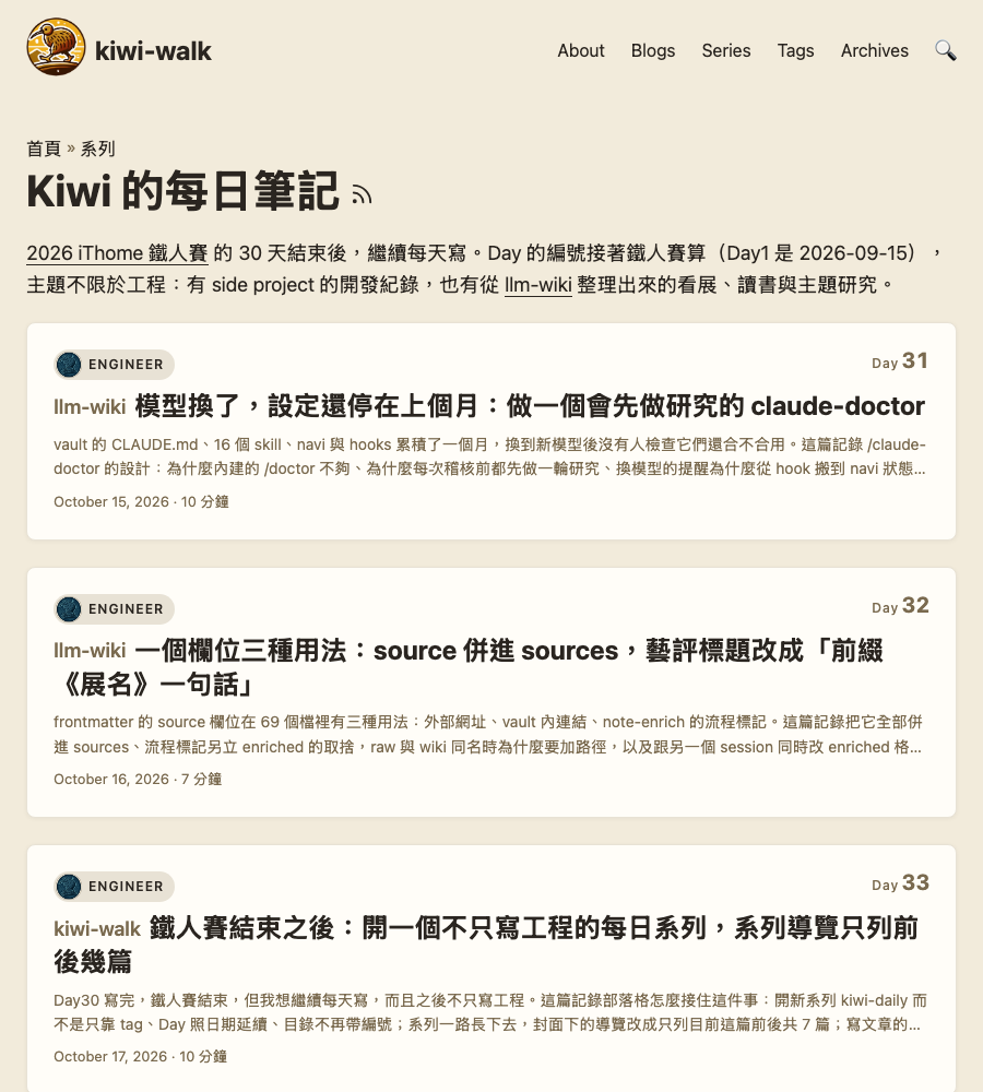 系列頁：卡片右上角是 Day 編號，標題前是淡色的專案名