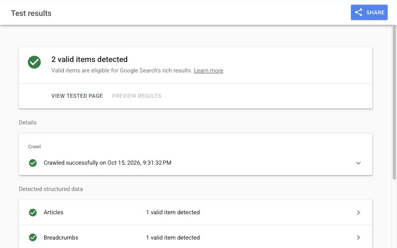 成功：2 valid items detected，Crawled successfully，Articles 與 Breadcrumbs 各 1 個有效項目